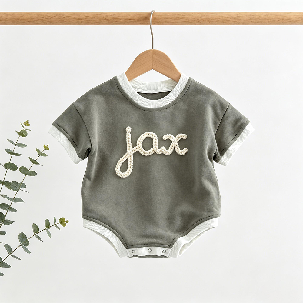 Personalized Hand Embroidered Short Sleeve Baby Bubble Romper | CWBaby503