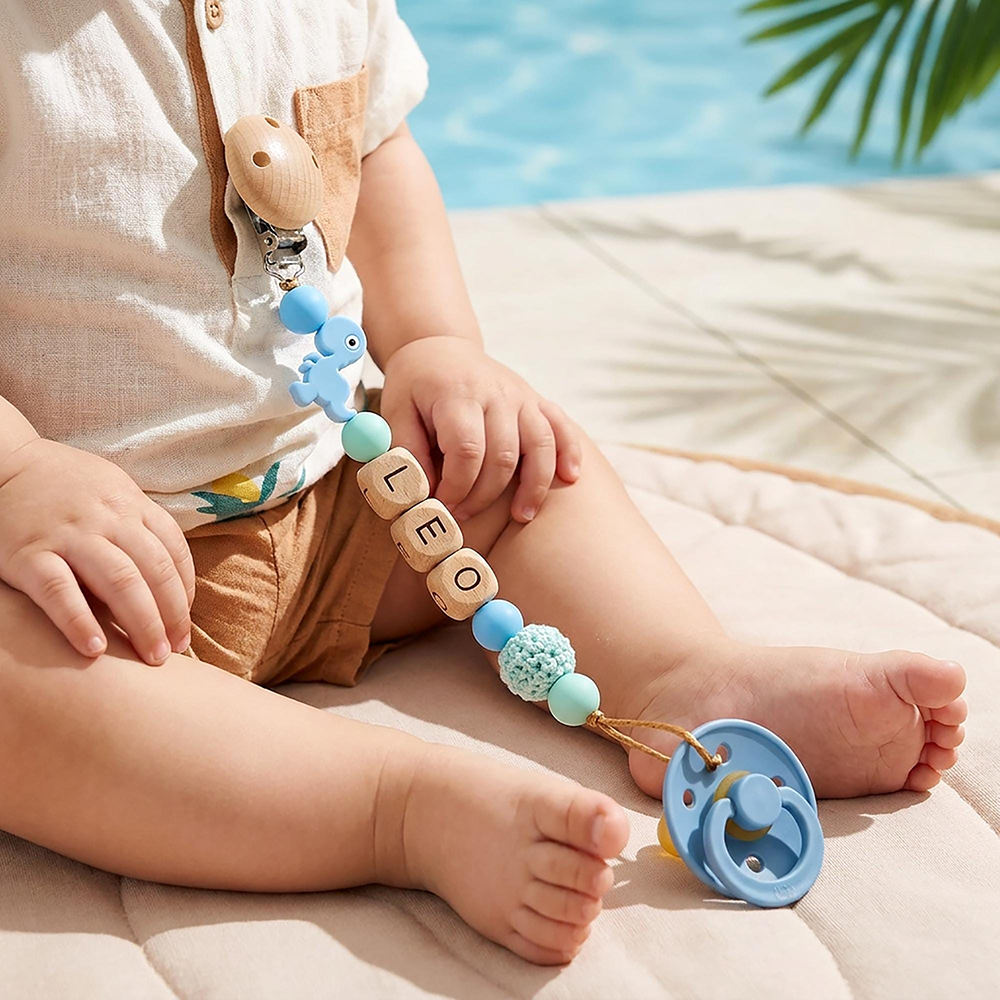 Personalized Baby Wooden Dinosaur Pacifier Clip | CWToy192