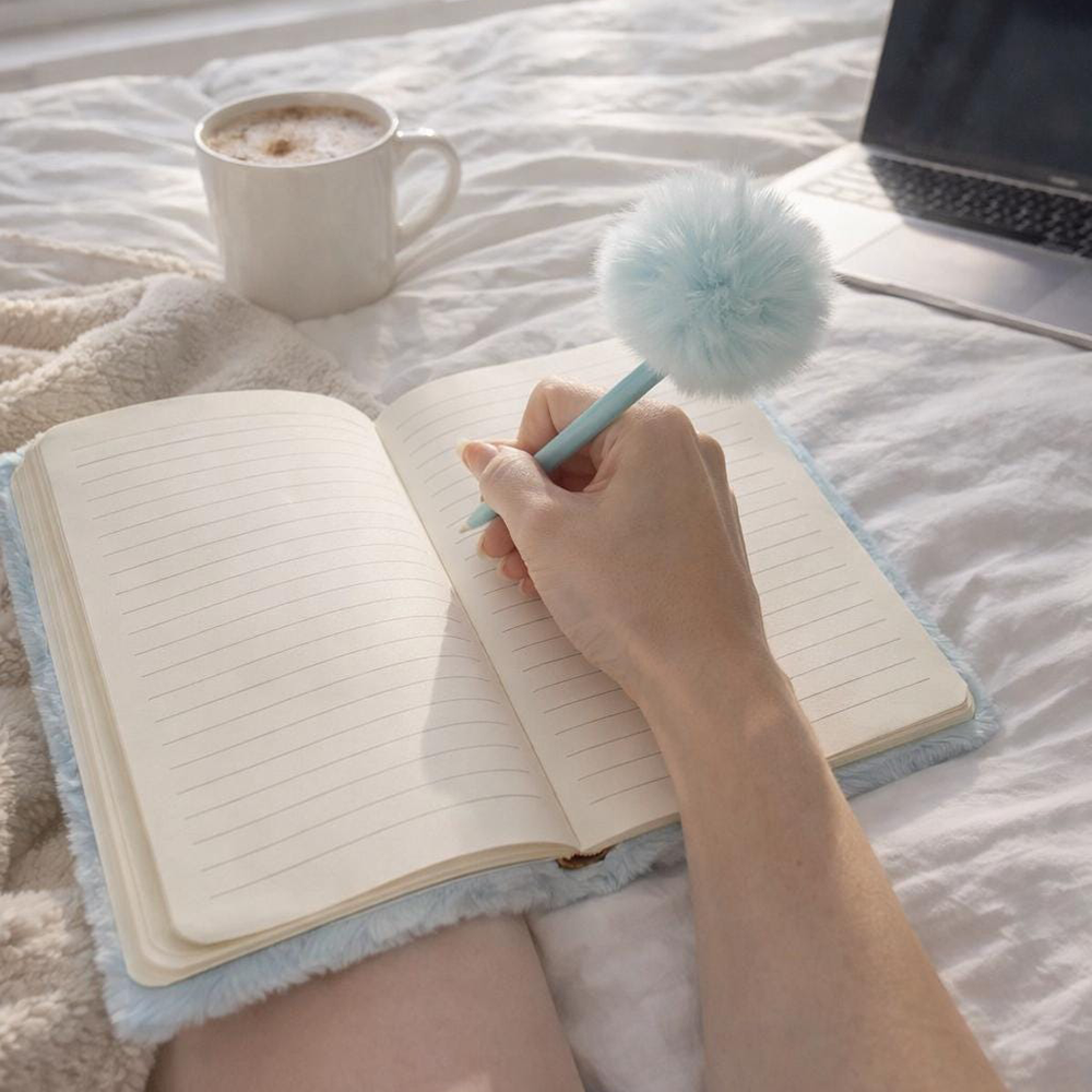 Personalized Hand Embroidery Fluffy Journal with Pom Pom Pen | CWGift75