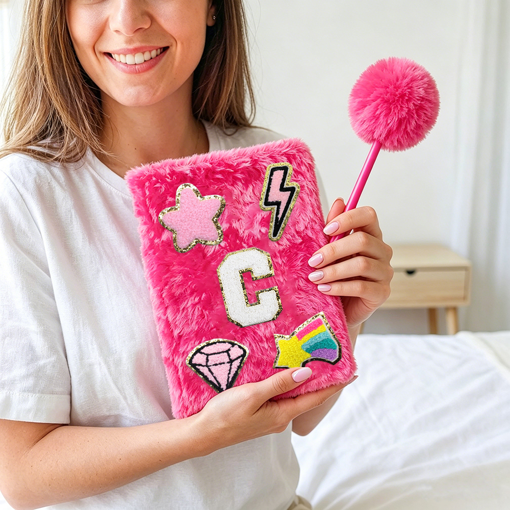 Personalized Hand Embroidery Fluffy Journal with Pom Pom Pen | CWGift75