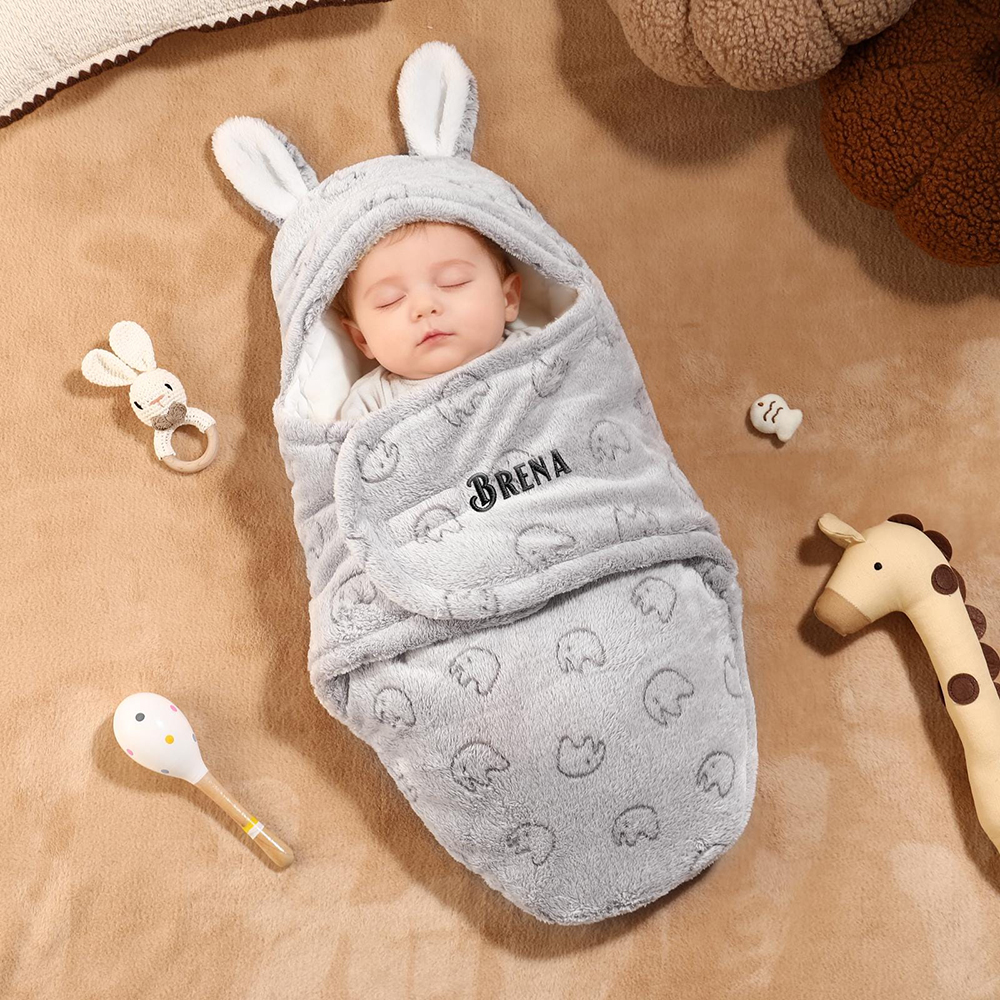Personalized Baby Flannel Bunny Ear Swaddle Wrap | CWBaby507