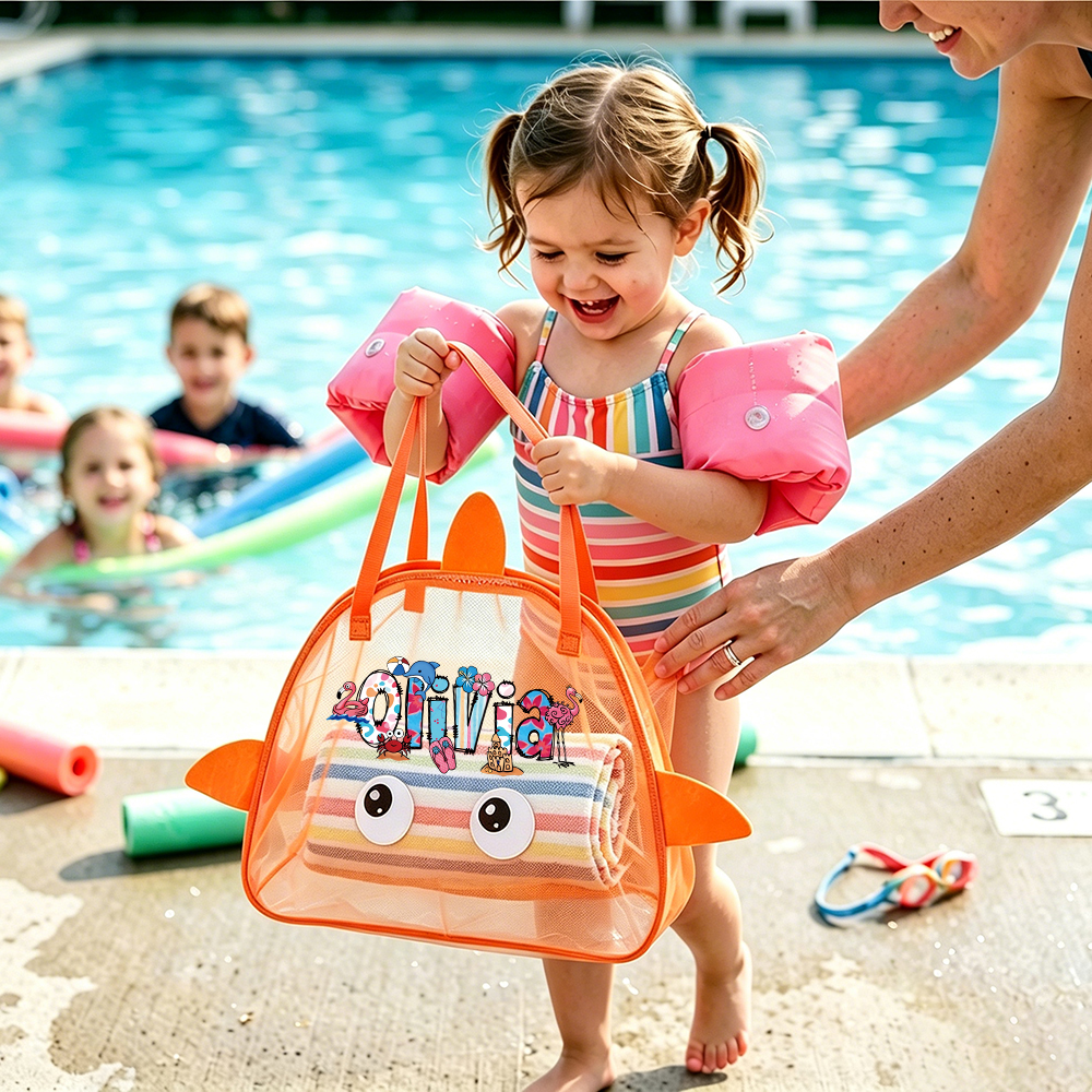 Personalized Adorable Shark Seashell Zipper Mesh Beach Bag | CWBeach262
