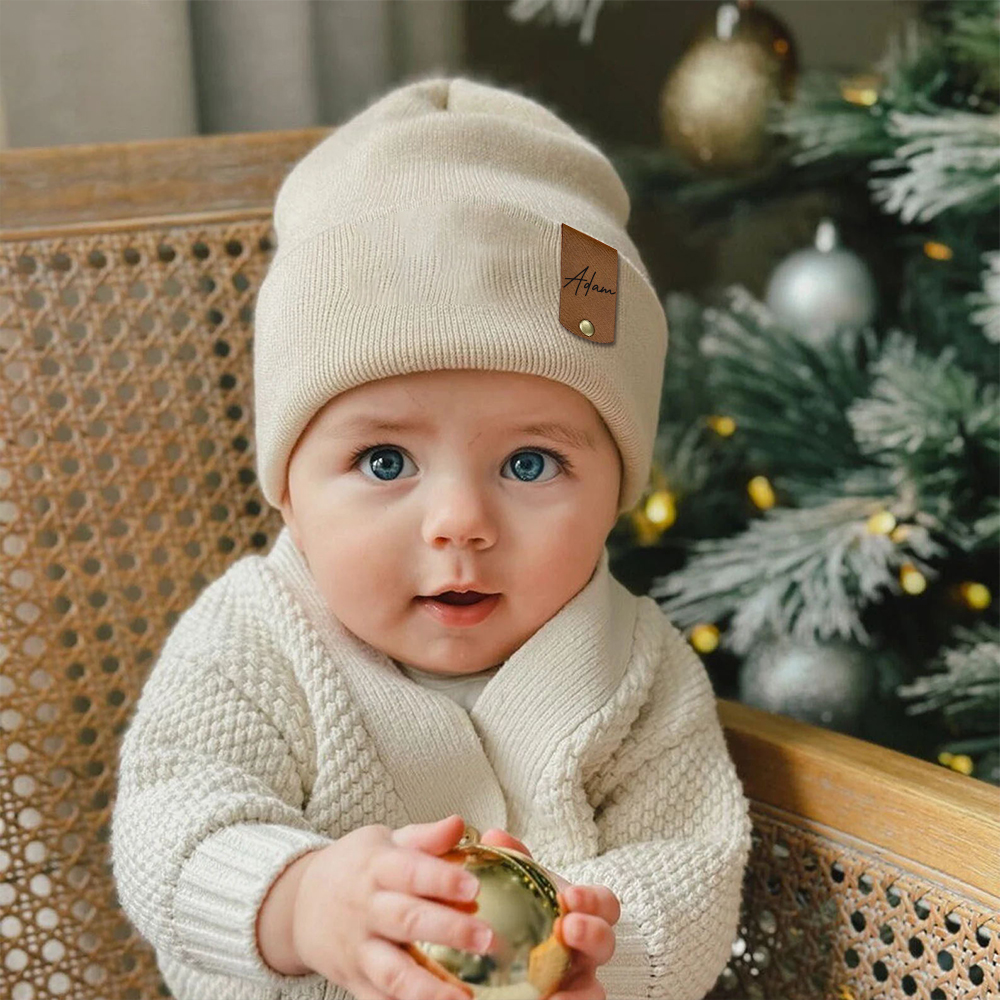 Personalized Leather Tag Infant Beanie for Comfort & Unique | HSKid31