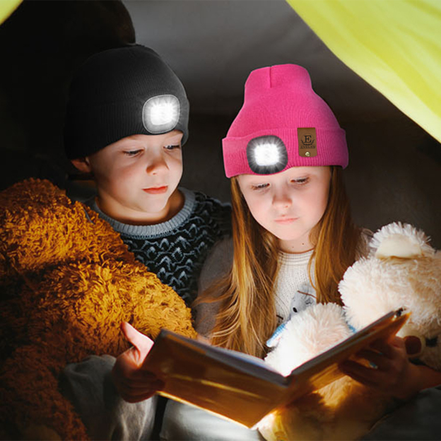 Personalized Kids Leather Tag Beanie with Headlamp | HSKid32