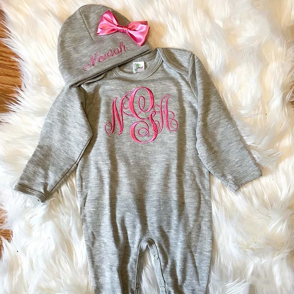 Personalized Embroidery Baby Monogram Romper and Hat Set | CWBaby525