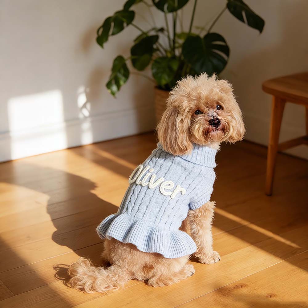 Personalized Hand Embroidered Pet Knitted Ruffle Sweater Dress | BKPet578