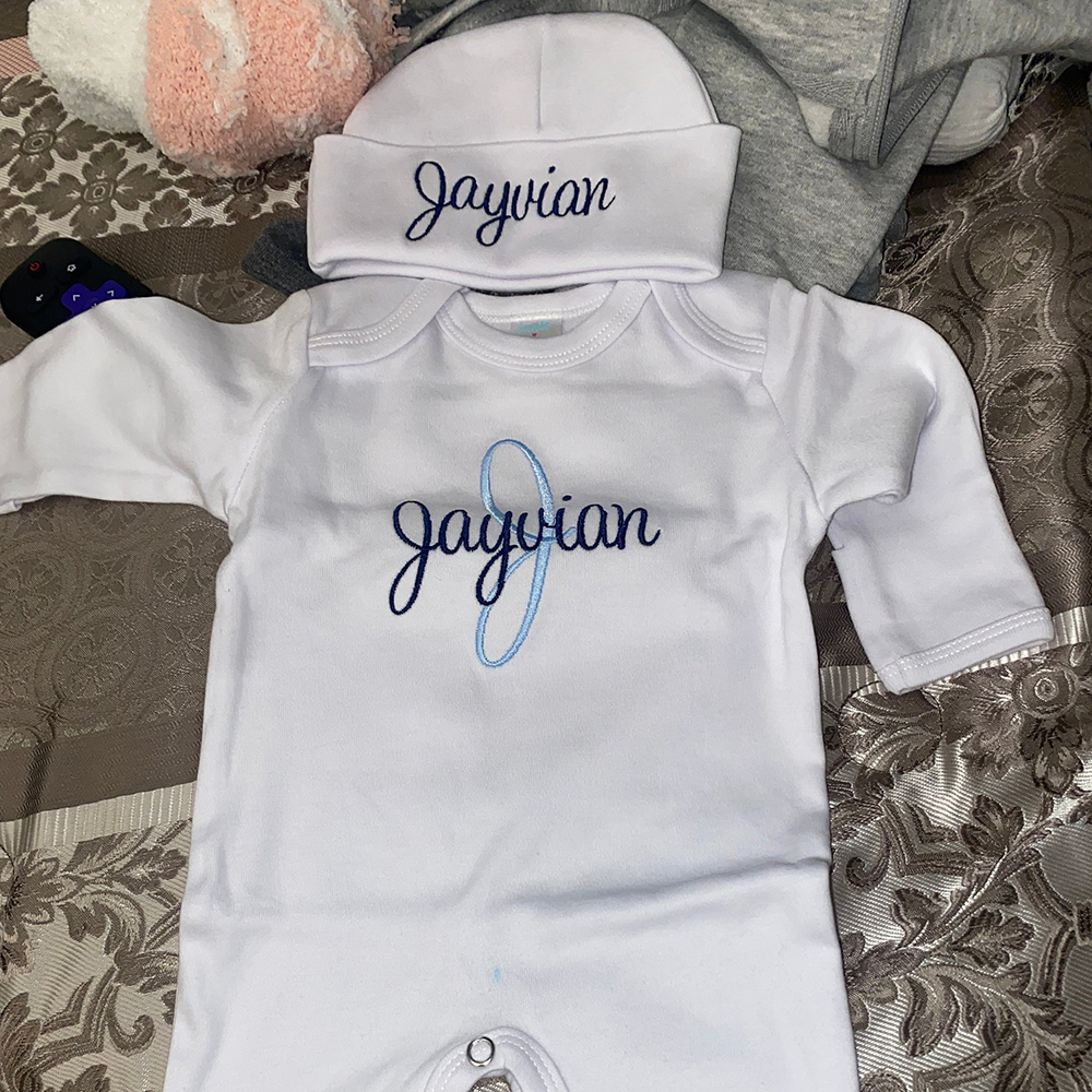 Personalized Embroidery Monograms Baby Coming Home Romper and Hat Set | CWBaby535
