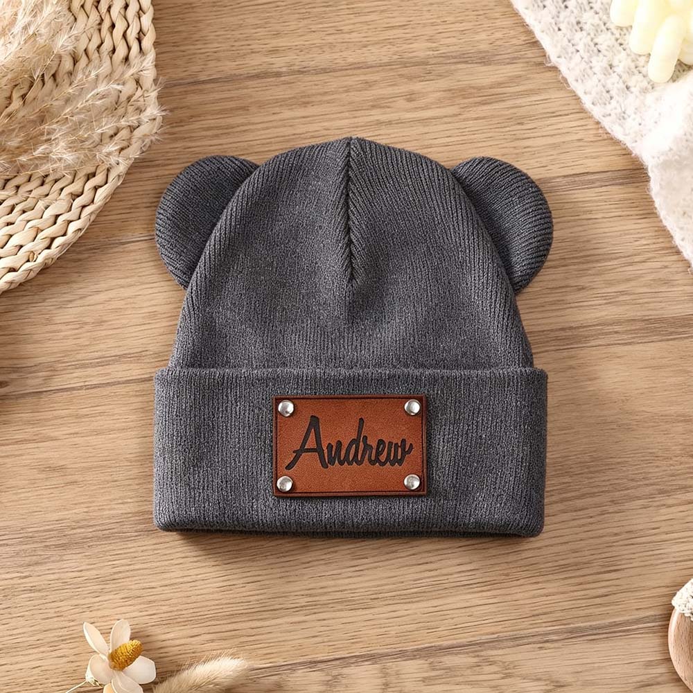 Personalized Leather Patch Kid Beanie Hat With Bear Ears | HSKid92