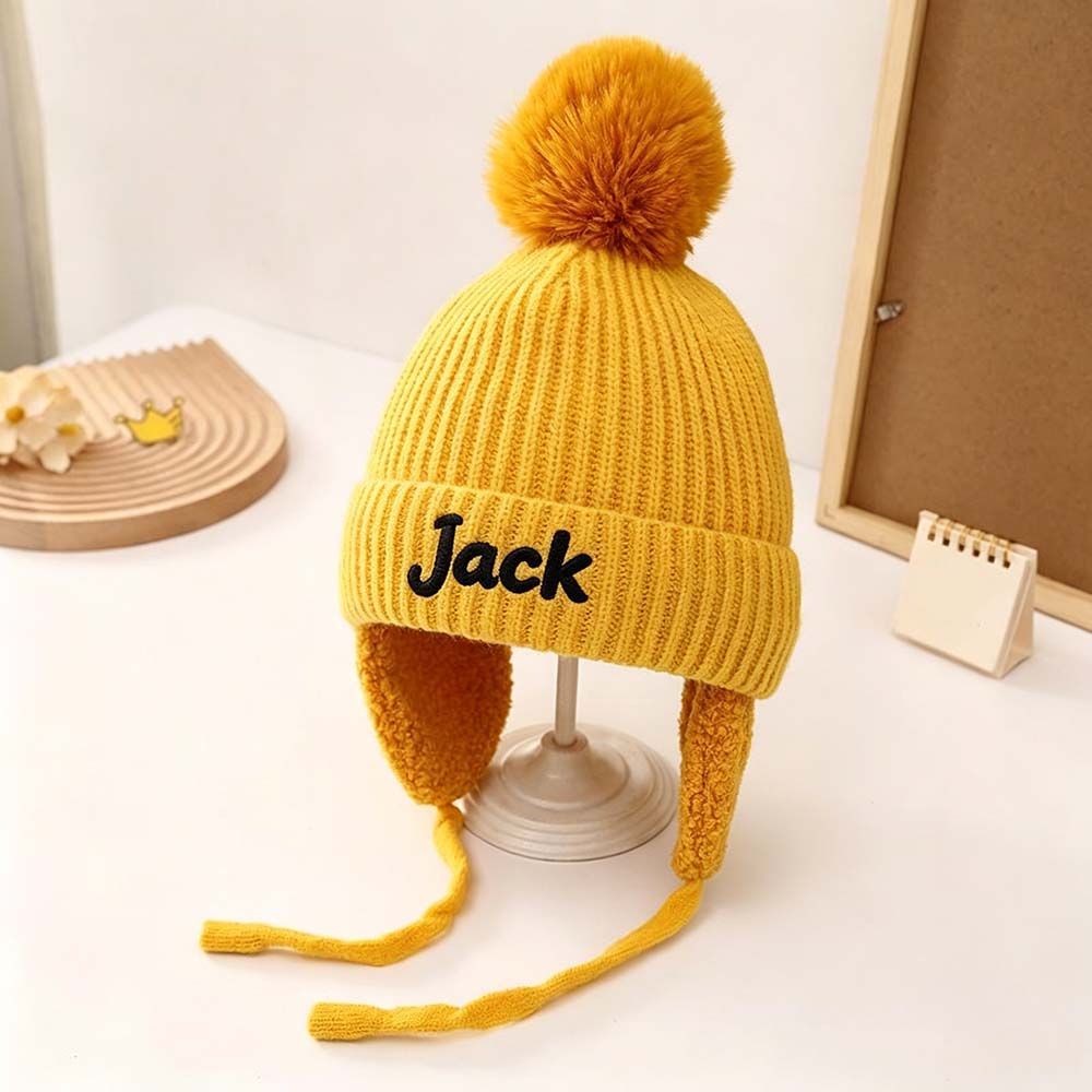 Personalized Embroidered Kids Winter Hat With Ear Flaps & Pom Pom | HSKid93