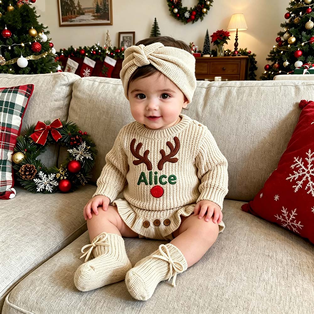 Personalized Embroidered Reindeer Baby Romper Set With Bow Headband & Socks | MCGift388
