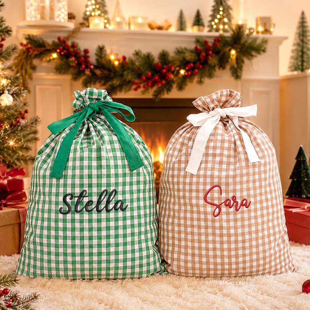Personalized Embroidered Gingham Santa Gift Bag | MCGift391