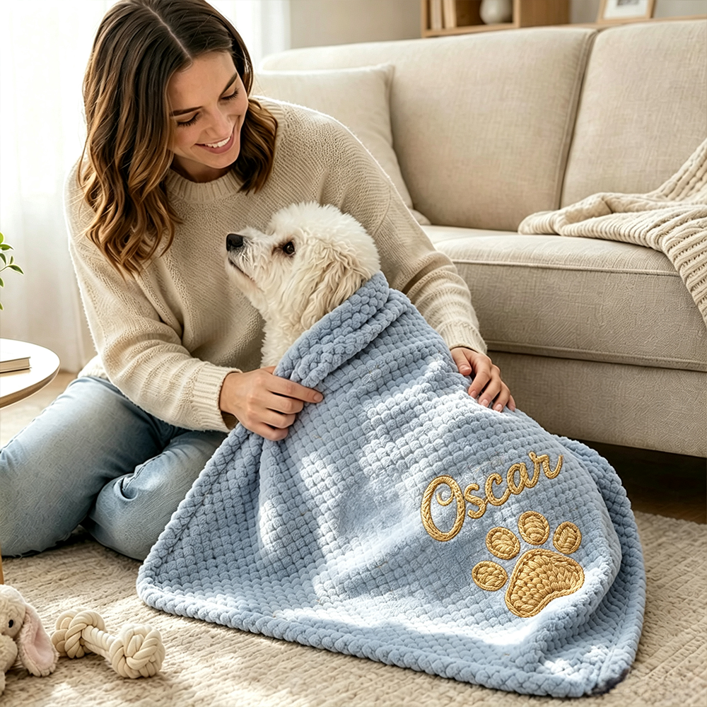 Personalized Hand Embroidered Puppy Blanket with Name & Paw Print | BKPet585