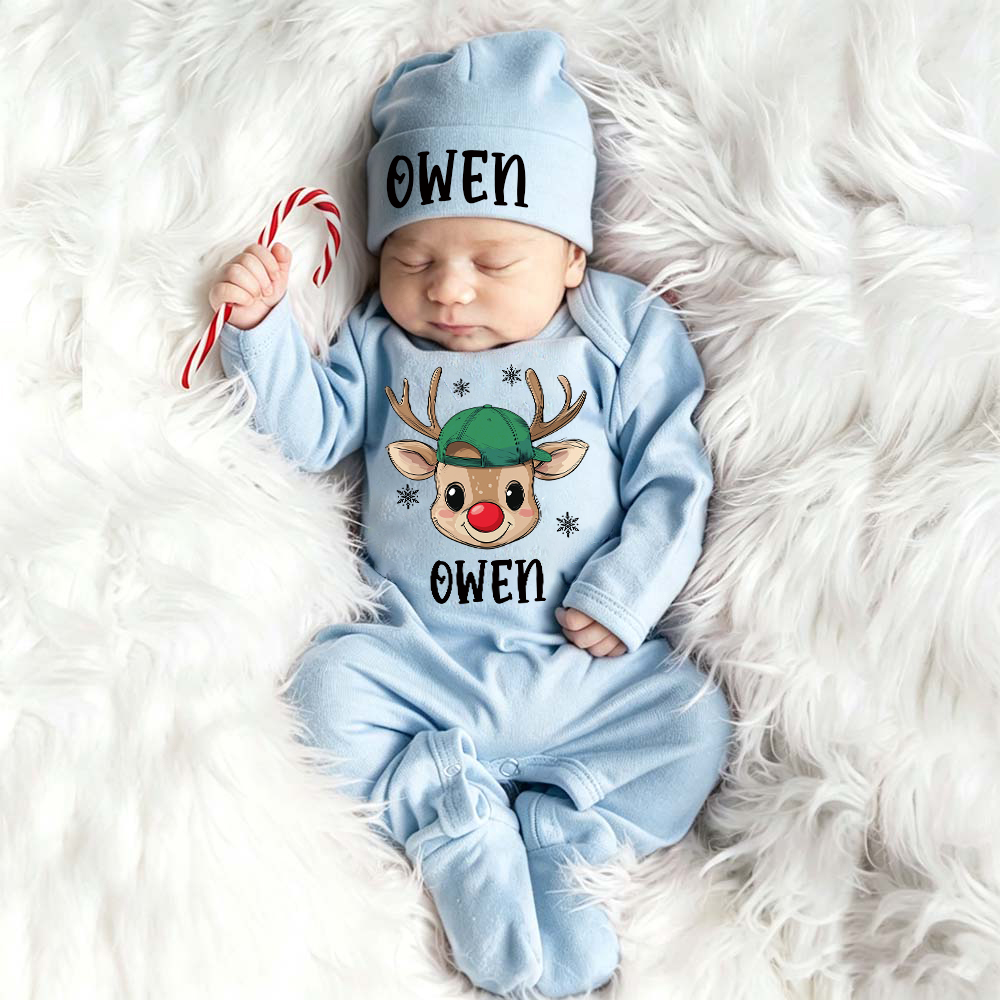 Personalized Baby Christmas Reindeer Romper & Hat Set | MCGift421