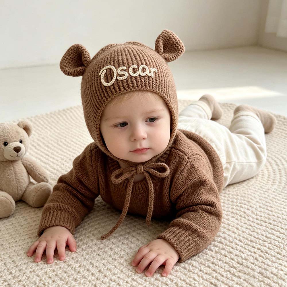 Personalized Hand Embroidered Bear Ears Baby Knit Beanie Hat | CWBaby563