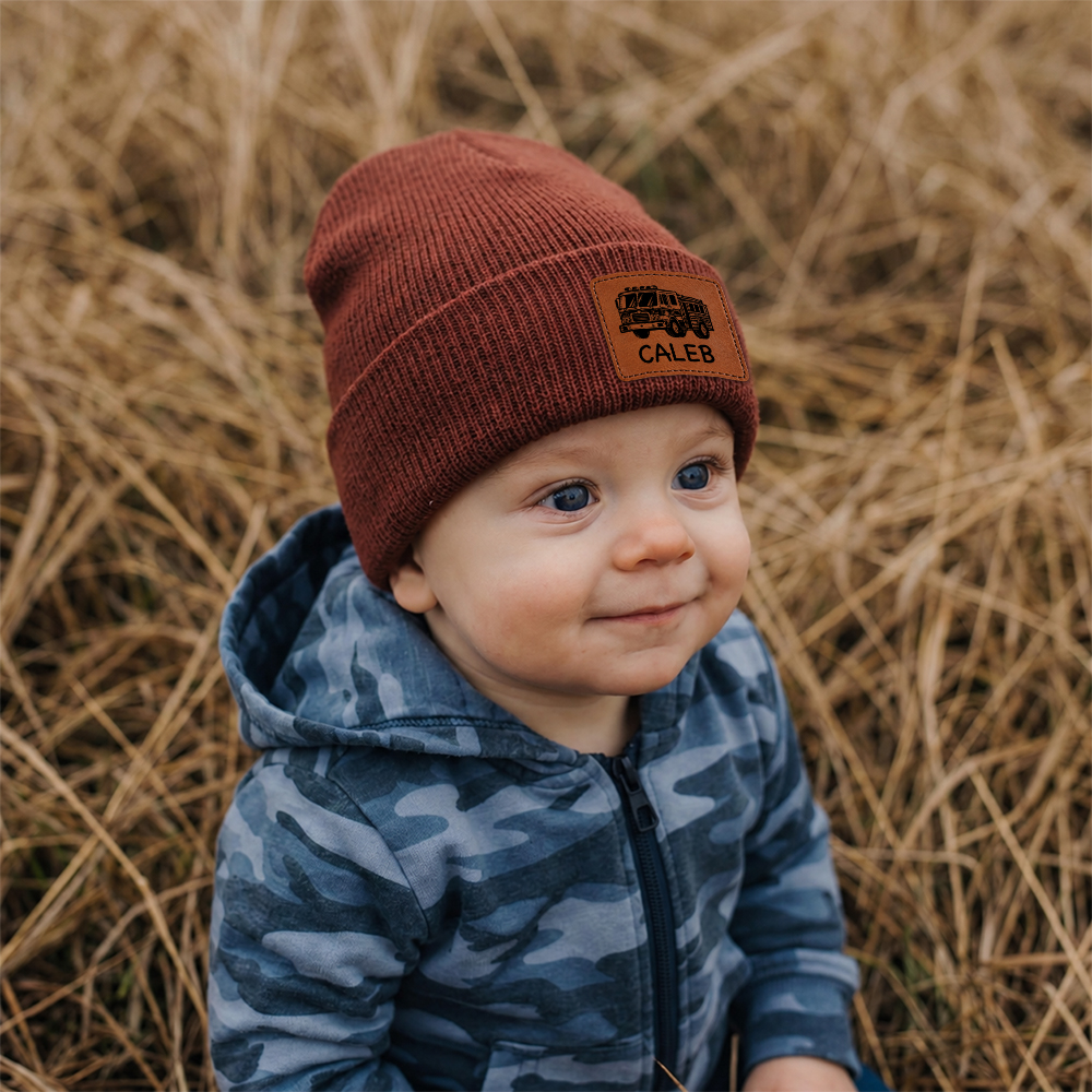 Personalized Kids Dinosaur & Excavator Leather Patch Beanie Hat | HSKid100
