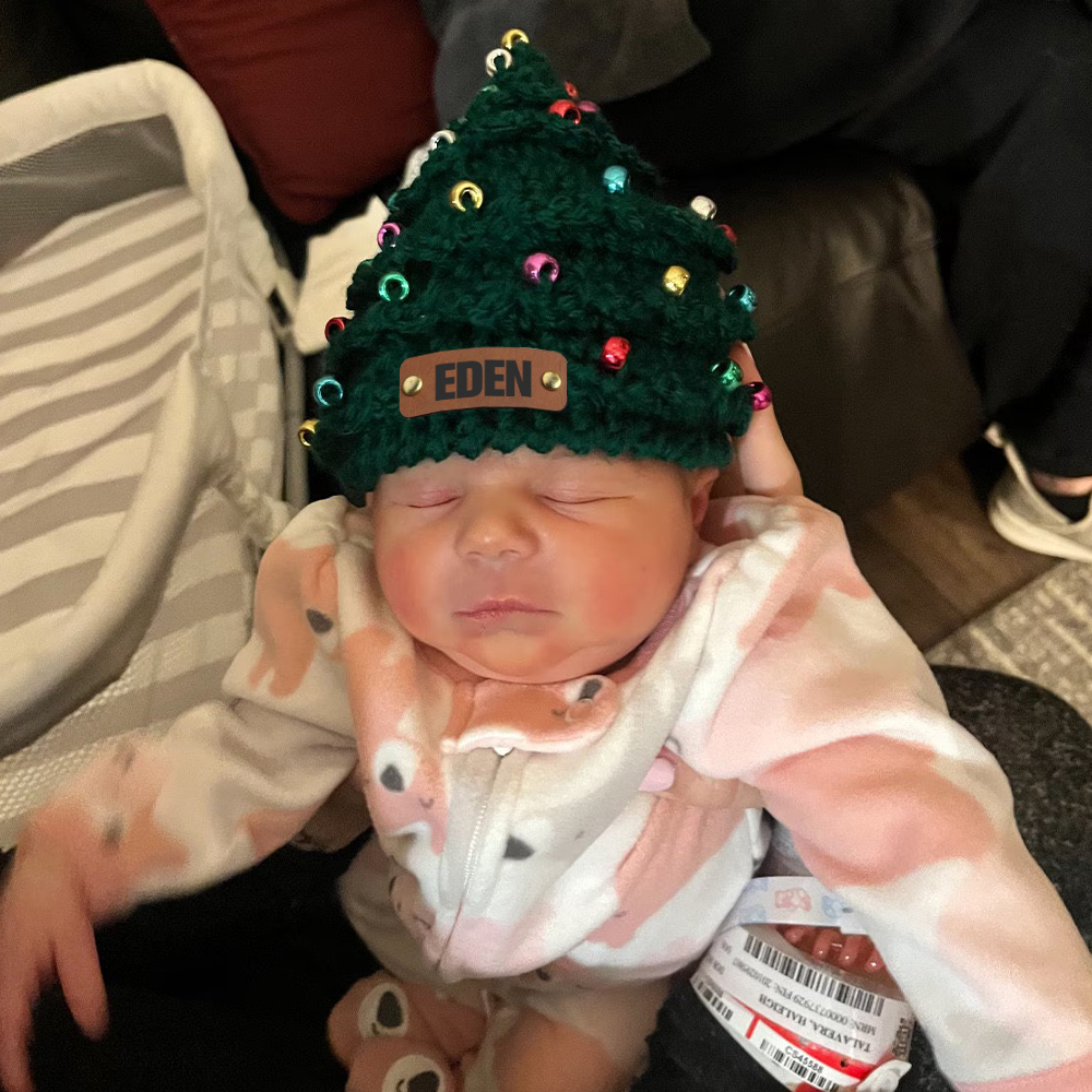 Personalized Leather Patch Christmas Tree Crochet Hat | MCGift51