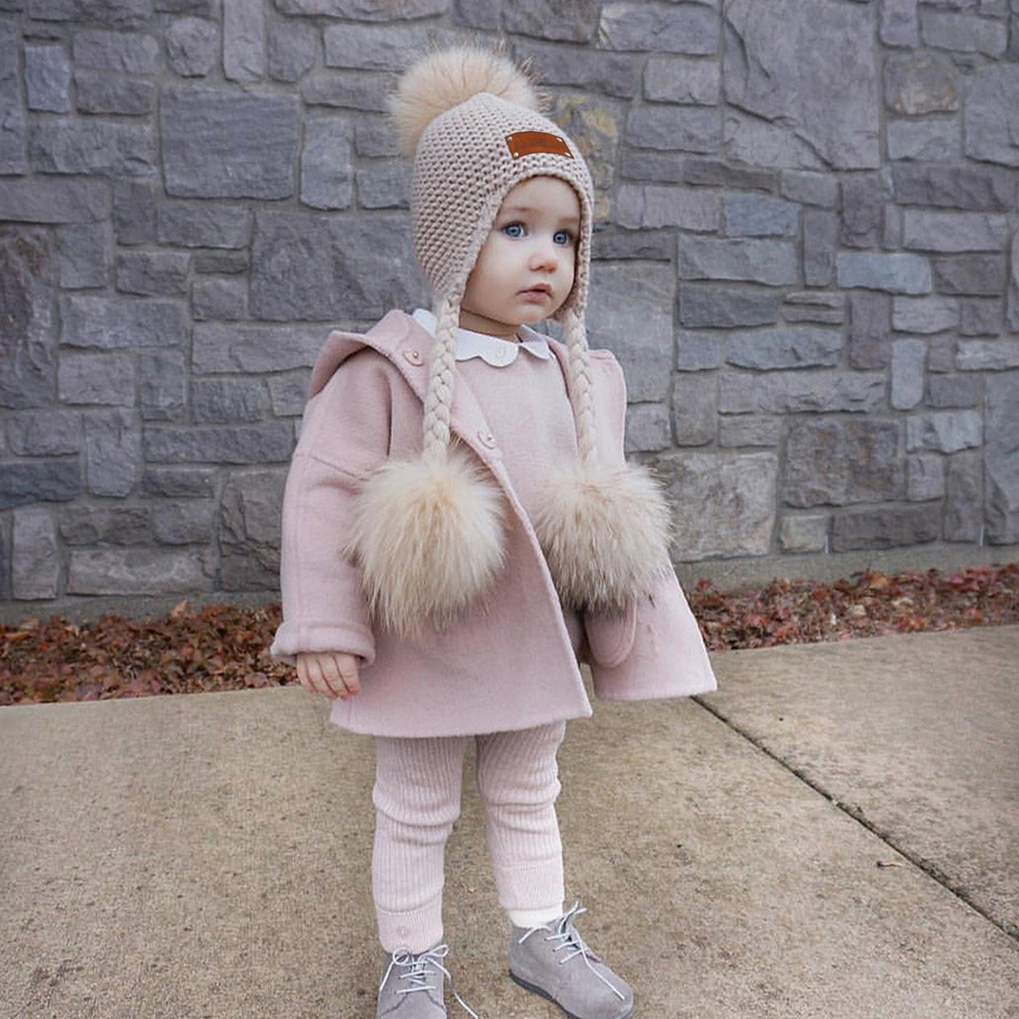 Personalized Leather Patch  Pom Pom Knit Hat With Tassels | HSKid46