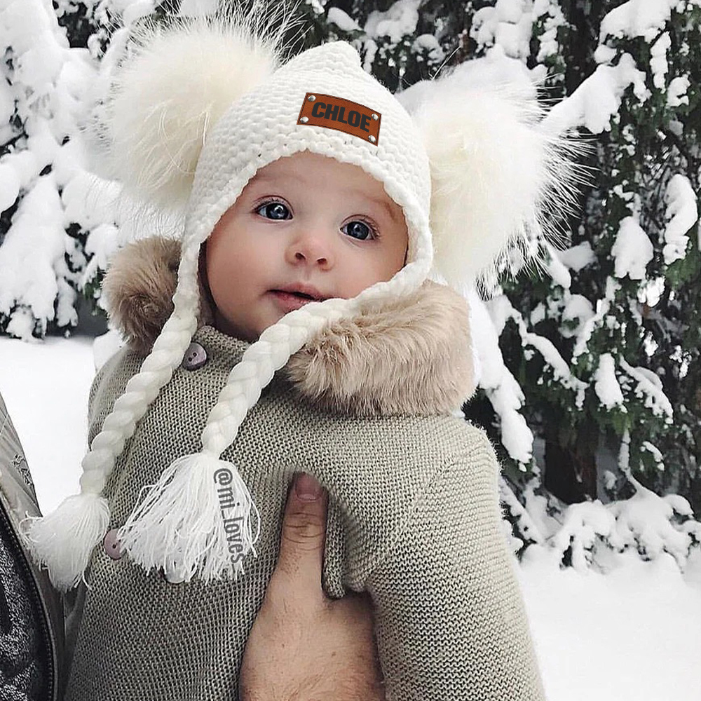 Personalized Leather Patch Pom Pom Knit Hat With Tassels | HSKid47