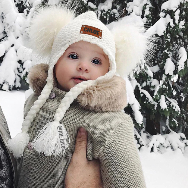 Personalized Leather Patch Pom Pom Knit Hat With Tassels | HSKid47