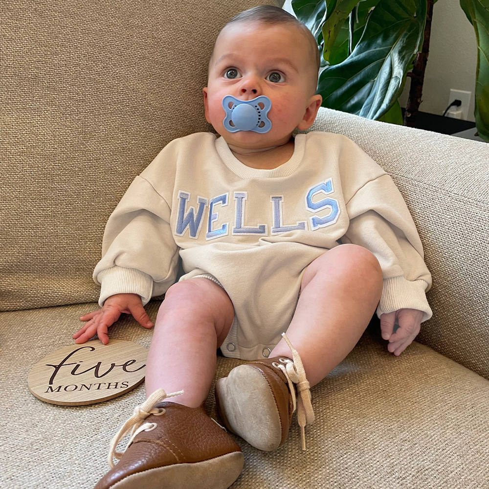 Personalized Letter Patch Neutral Baby Sweatshirt Romper | CWBaby114