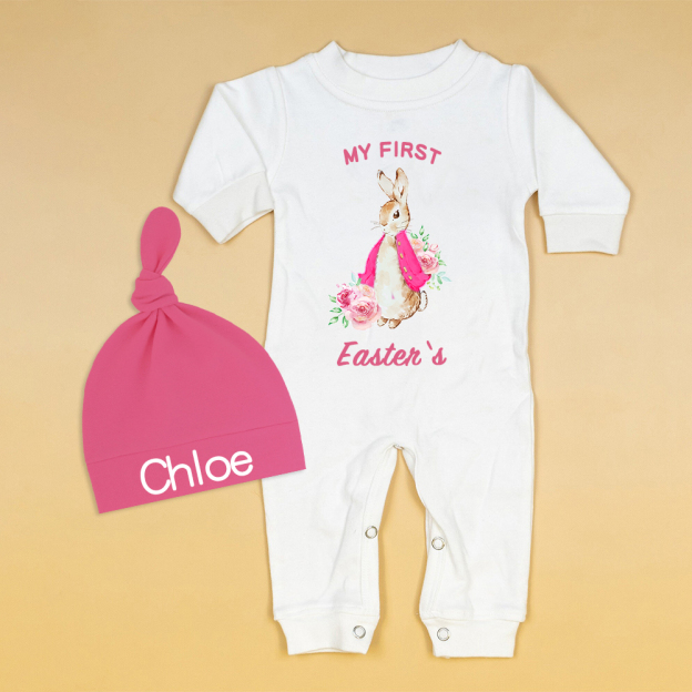 Personalized Baby First Easter Ropmer and Hat Set | CWBaby139