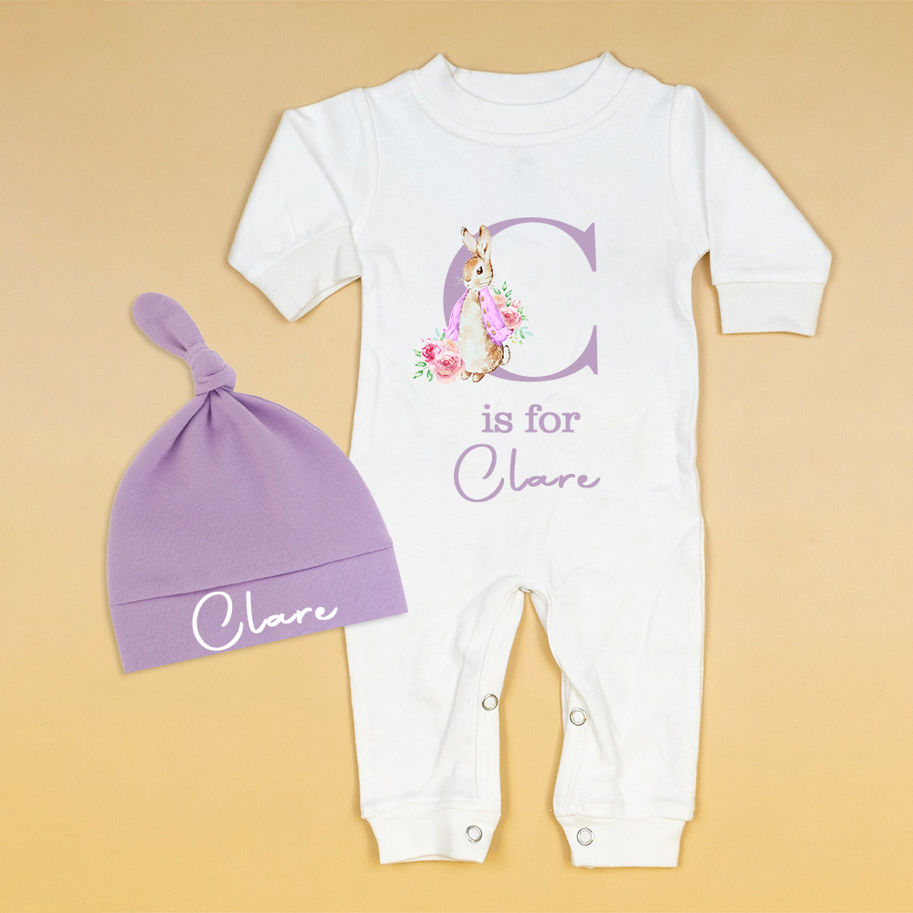 Personalized Baby Bunny Monogram Ropmer and Hat Set | CWBaby140