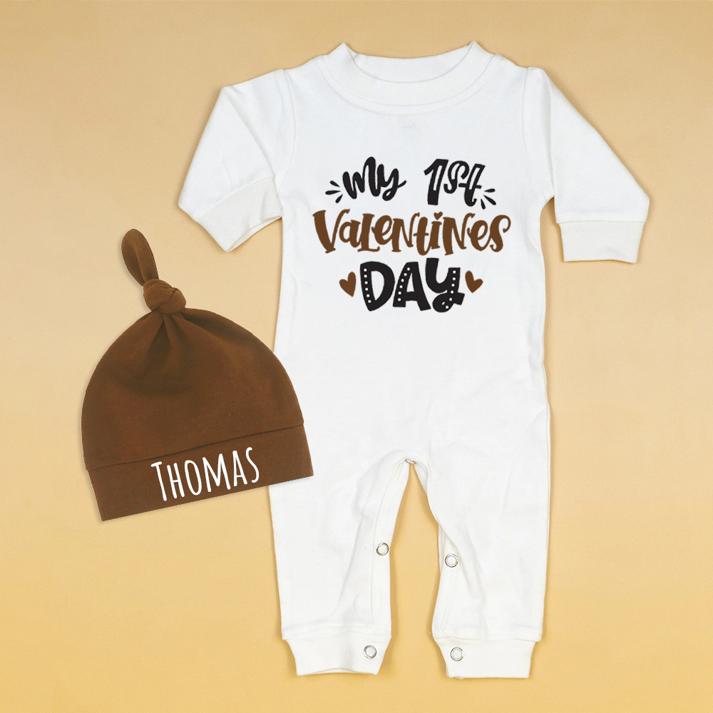 Personalized Baby First Valentine Ropmer and Hat Set | CWBaby145
