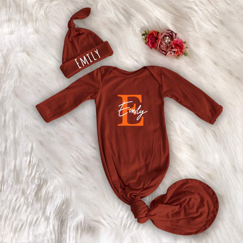 Personalized Cozy Newborn Gown with Knotted Hat | CWbaby33