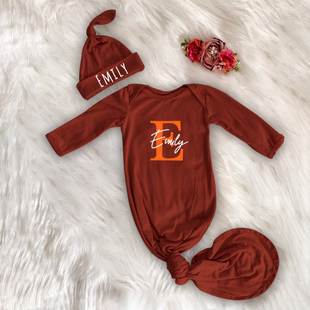 Personalized Cozy Newborn Gown with Knotted Hat | CWbaby33