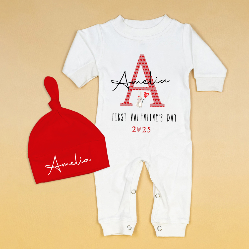 Personalized Baby First Valentine Ropmer and Hat Set | CWBaby147