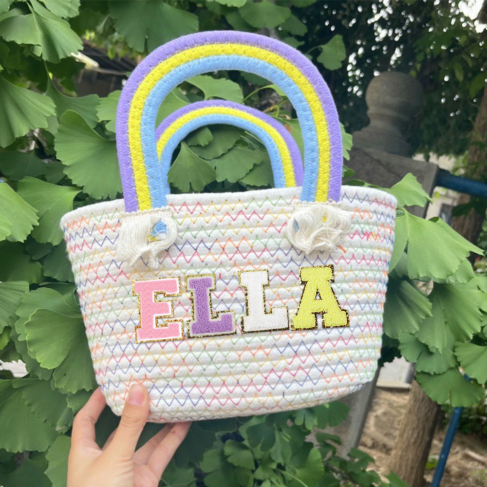 Personalized Kids Chenille Patch Cotton Rope Woven Tote Bag | CWBeach15401