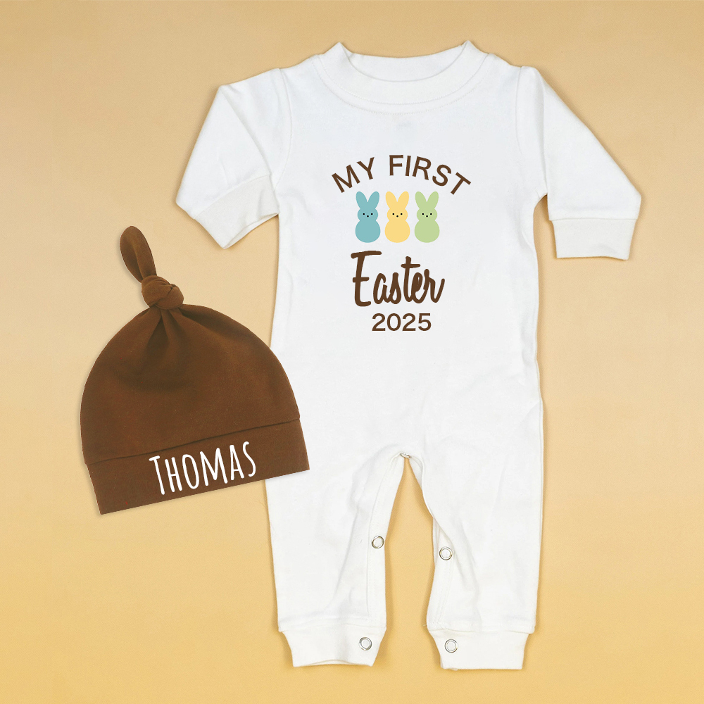 Personalized Baby Lovely First Easter Ropmer and Hat Set | CWBaby181