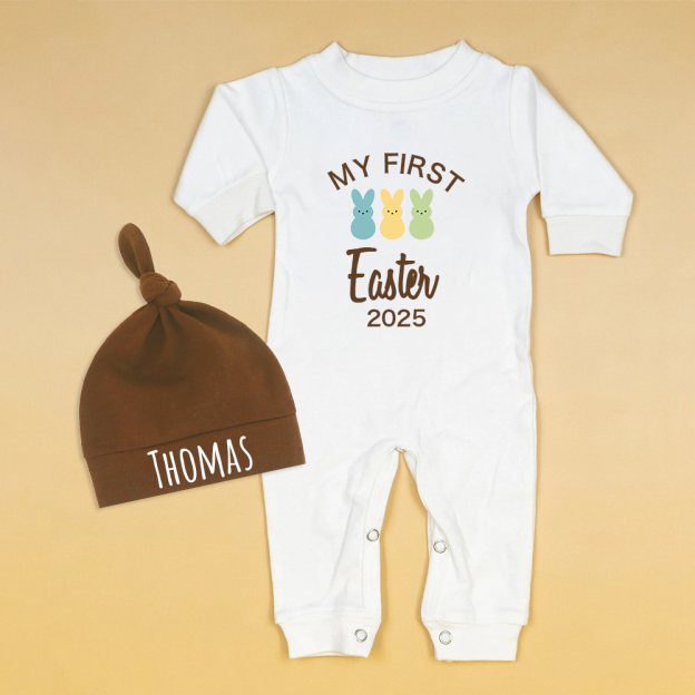 Personalized Baby Lovely First Easter Ropmer and Hat Set | CWBaby181