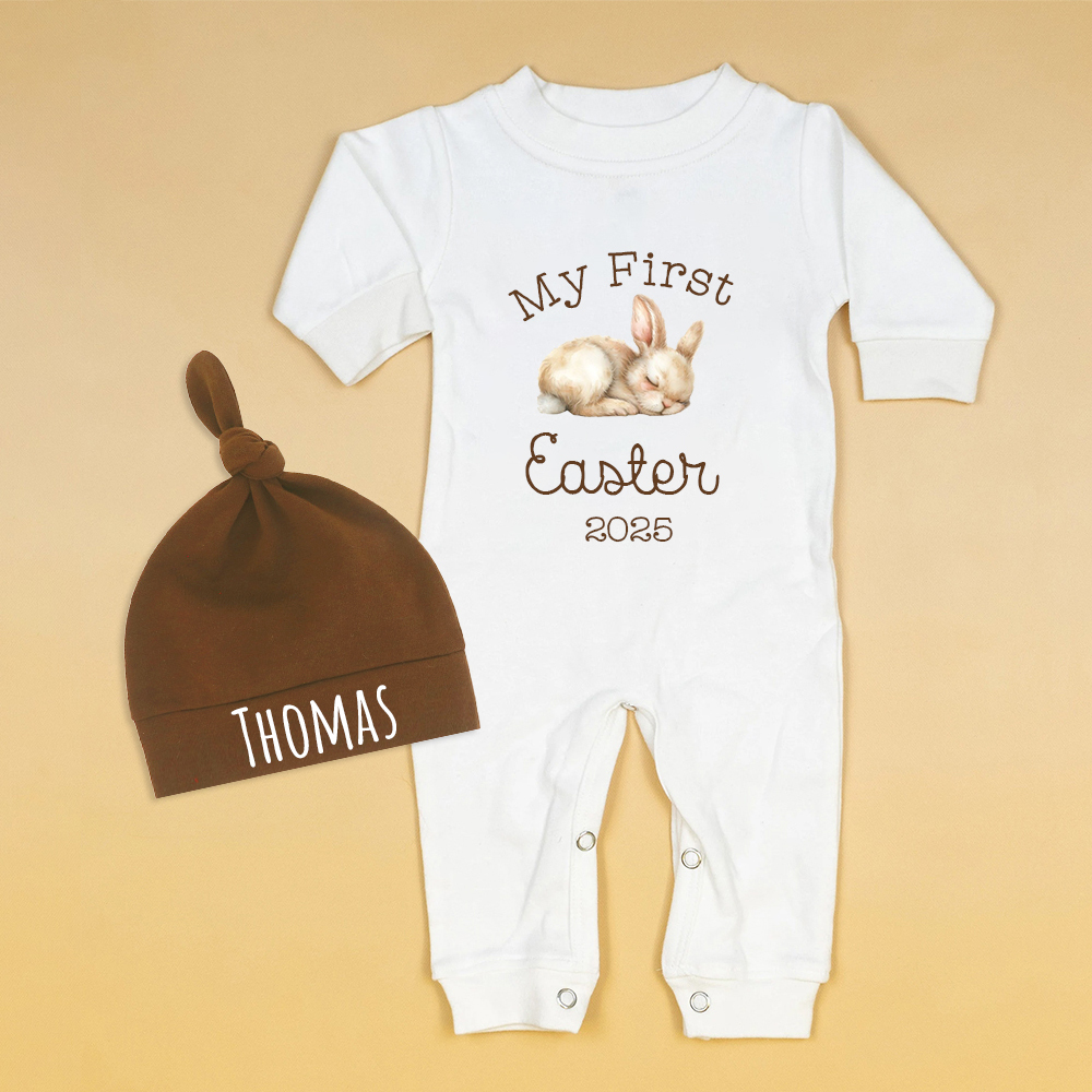 Personalized Baby First Easter Bunny Ropmer and Hat Set | CWBaby183