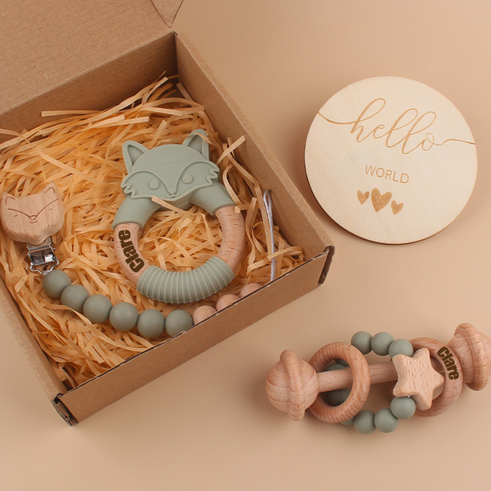 Personalized Baby Wooden Fox Pacifier Clip 4 Pcs Gift Set | CWBaby113