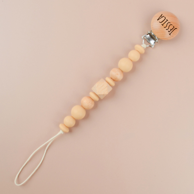 Personalized Baby Pacifier Silicone Wooden Bead Clip | CWBaby115