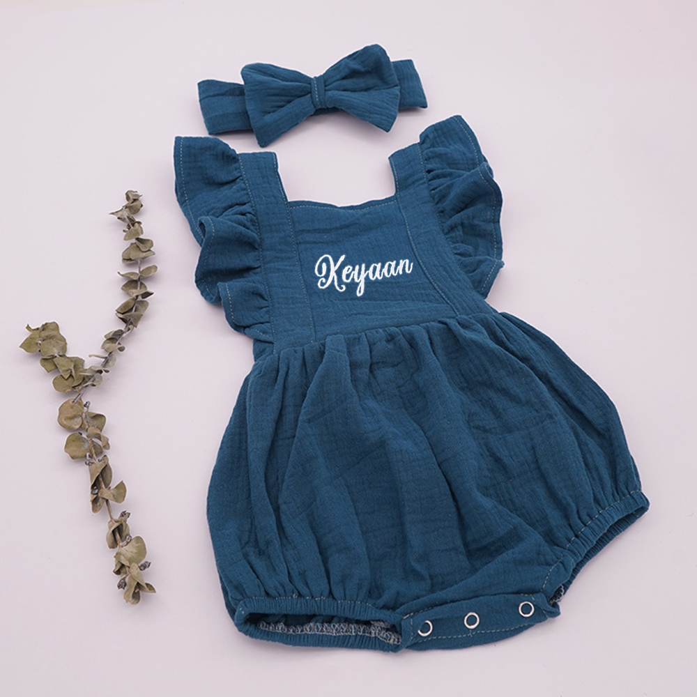 Personalized Embroidery Baby Organic Cotton Muslin Romper with Bow | inRomper35