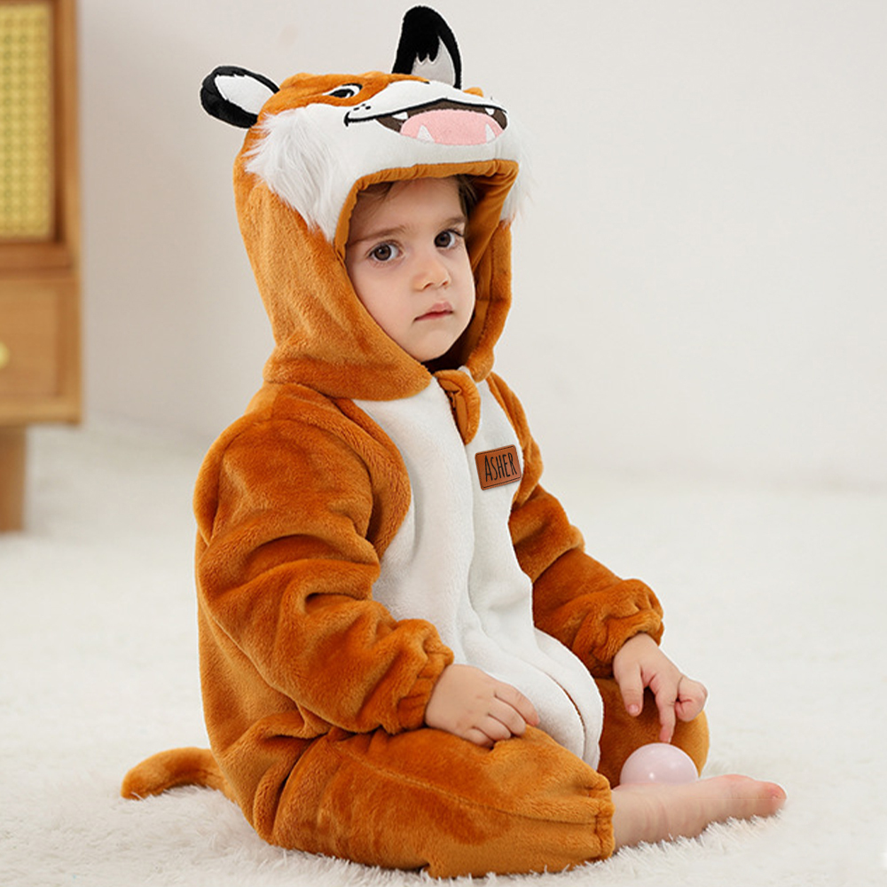 Personalized Leather Patch Baby Animal Warm Onesie  | CWBaby284