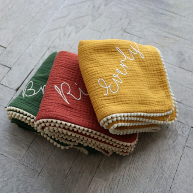 Personalized Embroidered Swaddle Muslin Pom Pom Blanket | CWBaby46