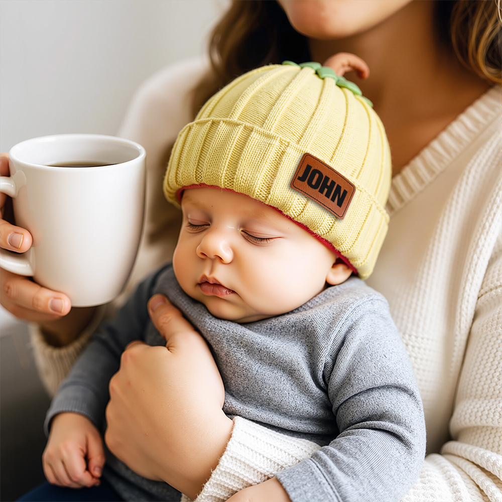 Personalized Leather Patch Pumpkin Wool Beanie | CWHalloween46