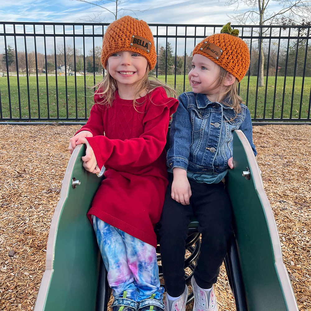 Personalized Leather Patch Pumpkin Wool Beanie | CWHalloween72