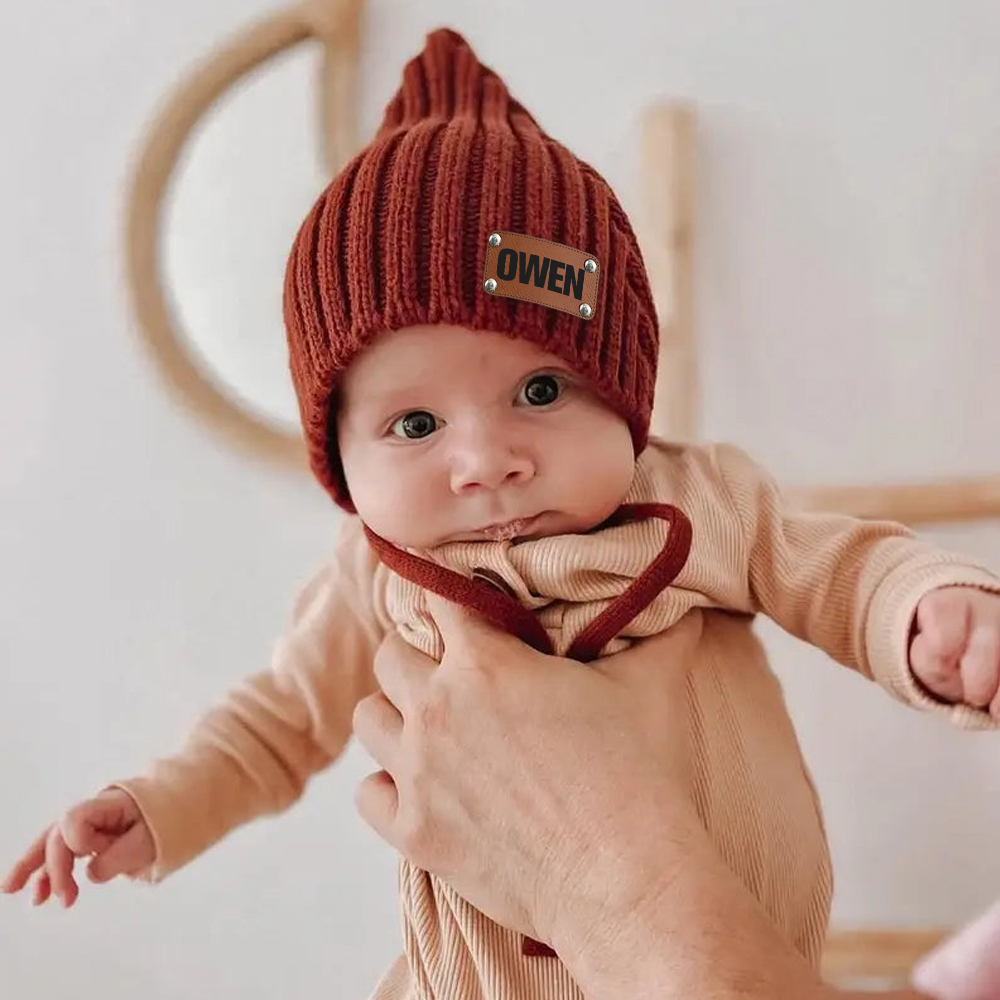 Personalized Leather Patch Knit Pixie Hats | HSKid58
