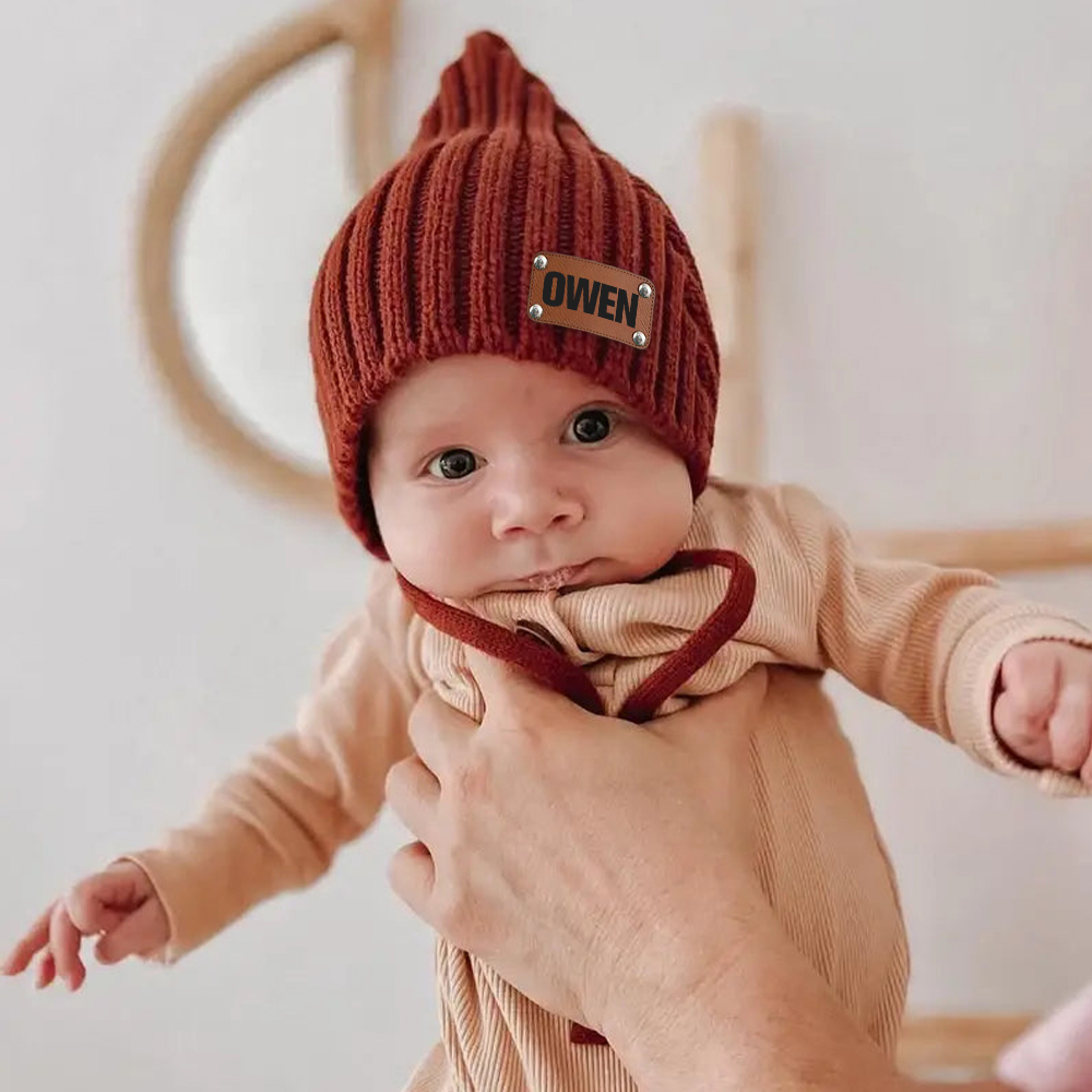 Personalized Leather Patch Knit Pixie Hats | HSKid58