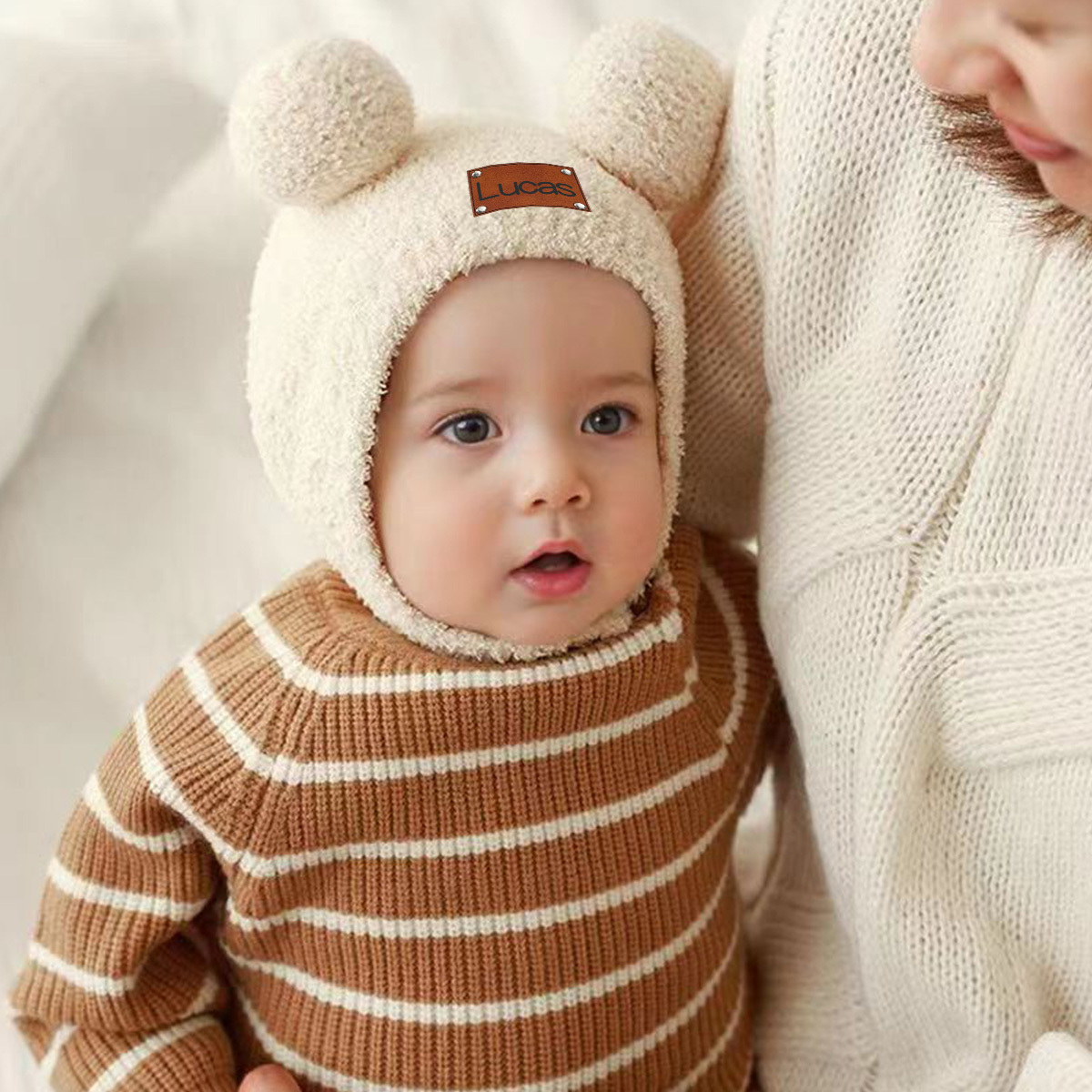 Personalized Leather Patch Cuddle Cub Knit Cap | HSKid60