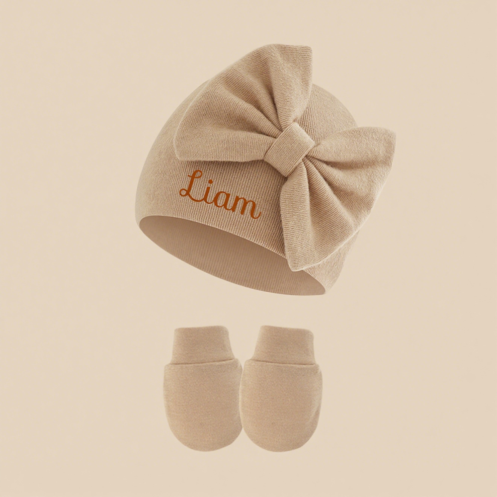 Personalized Newborn Coming Home Bow Beanie And Gloves Set | HSKid62