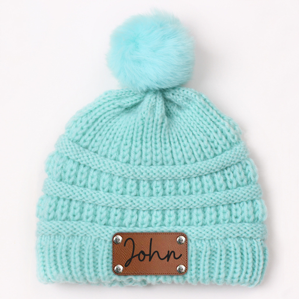 Personalized Leather Patch Kid Colorful Pom Pom Hat | HSKid63
