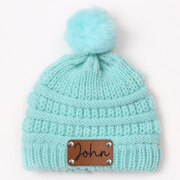 Personalized Leather Patch Kid Colorful Pom Pom Hat | HSKid63