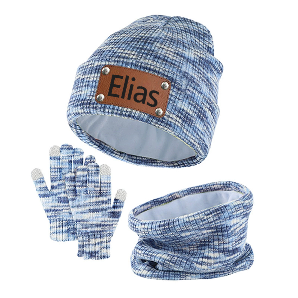 Personalized Leather Patch Kid Winter Hat Glove Scarf Set | HSKid69