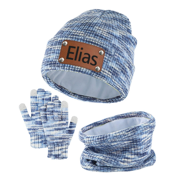 Personalized Leather Patch Kid Winter Hat Glove Scarf Set | HSKid69