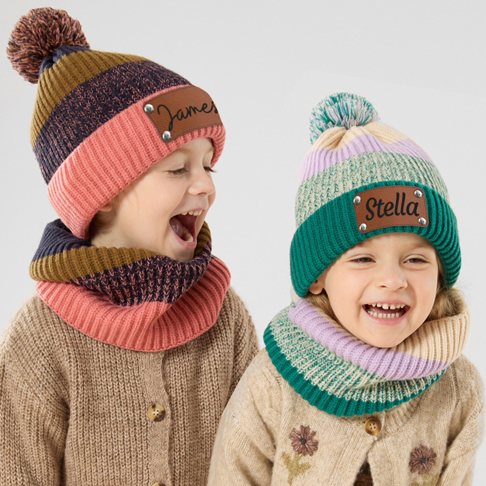 Personalized Leather Patch Kid Winter Hat Glove Scarf Set | HSKid70